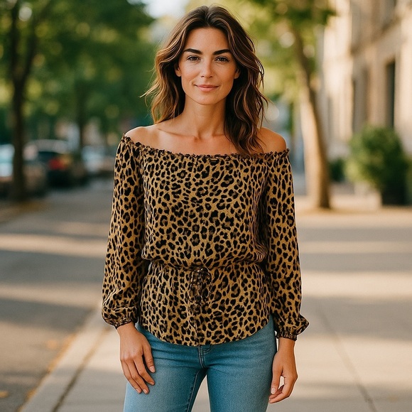 Womens Express Silk Animal Print Shirt Front Tie Shoulder Top 7/8 Medium - Picture 1 of 7